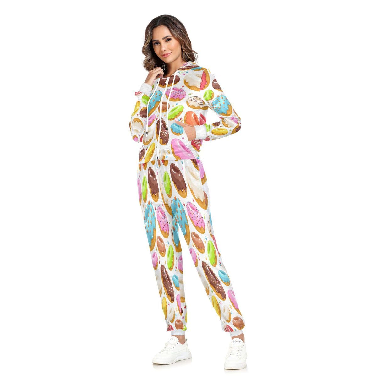 Conjunto deportivo de 2 piezas para mujer, conjunto deportivo de manga larga con estampado de donas esmaltadas coloridas, conjunto deportivo de dona