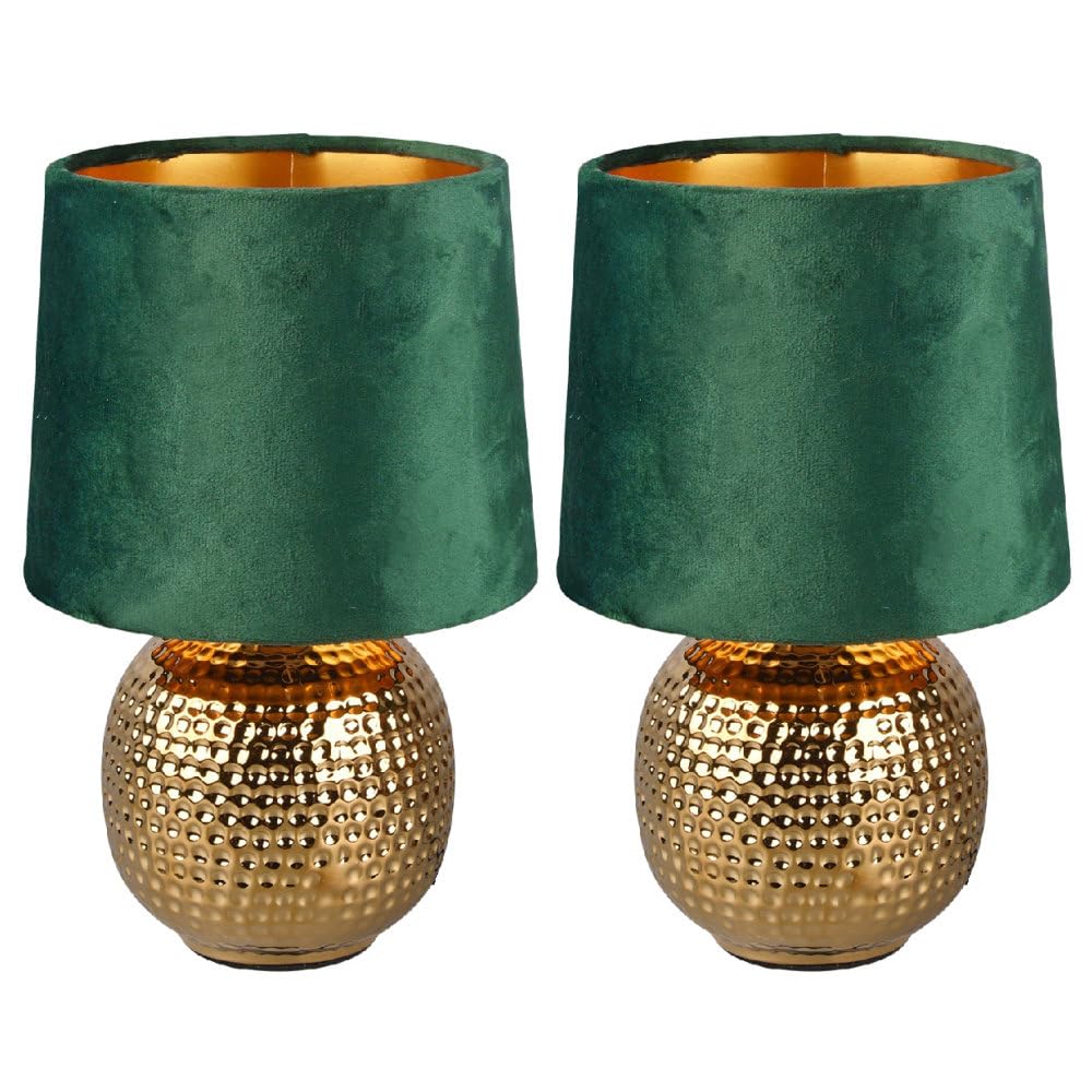 Britalia Green Velvet 2 Pack - Gold Ceramic Vintage Hammered Globe Table Desk Lamp With Shade | 26Cm Height | 1 X Ses E14 Lamp Bulb Required | Uk Approved | Retro Design | Tapered Drum Lampshade