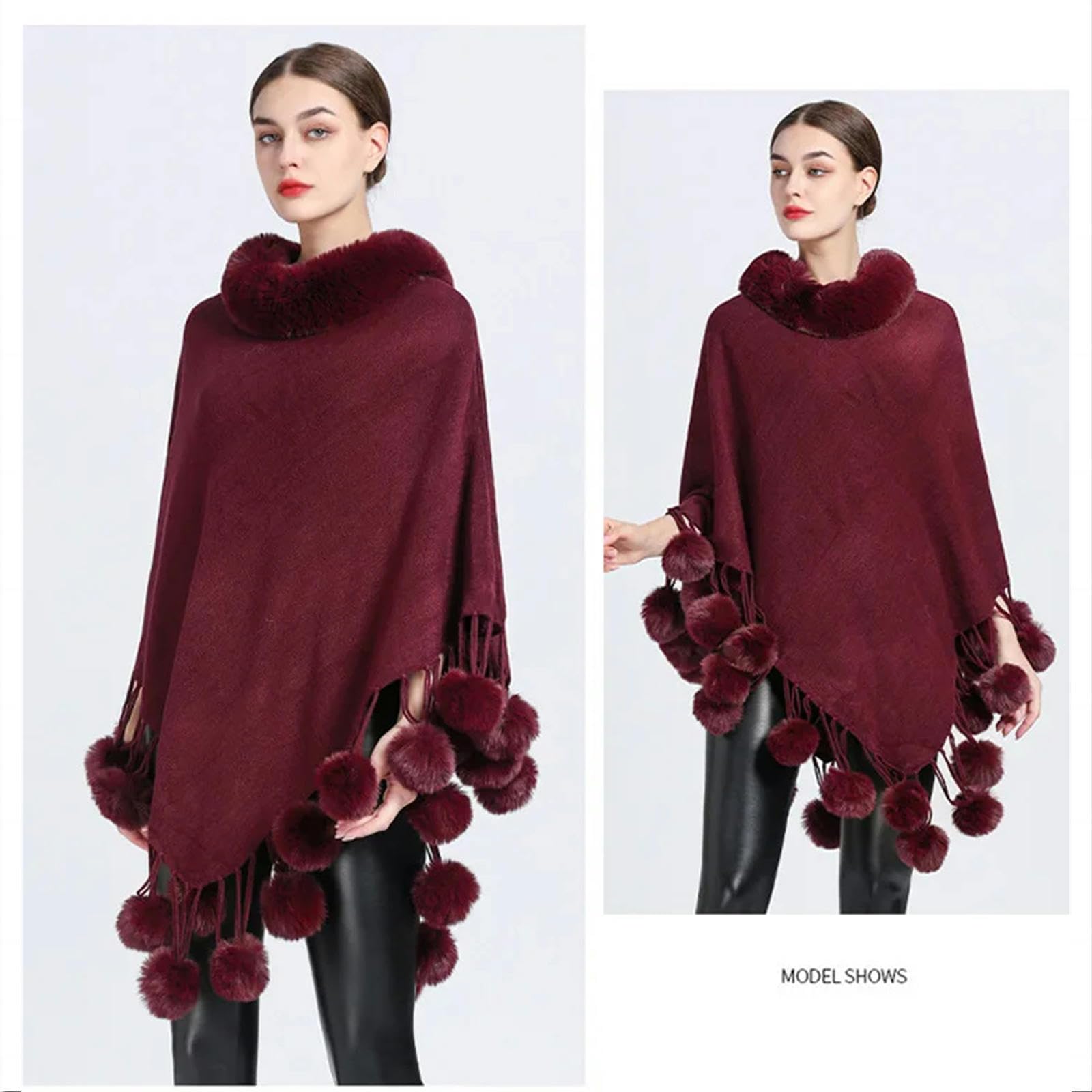 Poncho Donna Poncho Scarf Fur Ball Decoration Decoration Scialle Fux Furx Collar Women's Cape Fringed