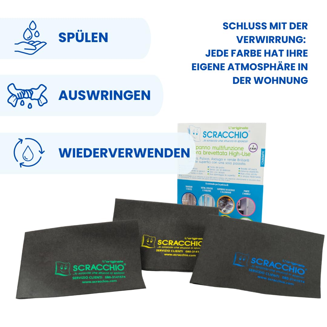 Scracchio Original, Mikrofaser Tuch +5 Jahre Haltbarkeit, Mikrofasertücher für Auto Reinigung, Haushalt, Glasreiniger, Fensterputztücher, Nur mit Wasser Reinigen, ohne chemische Reinigungsmittel(3Stk)