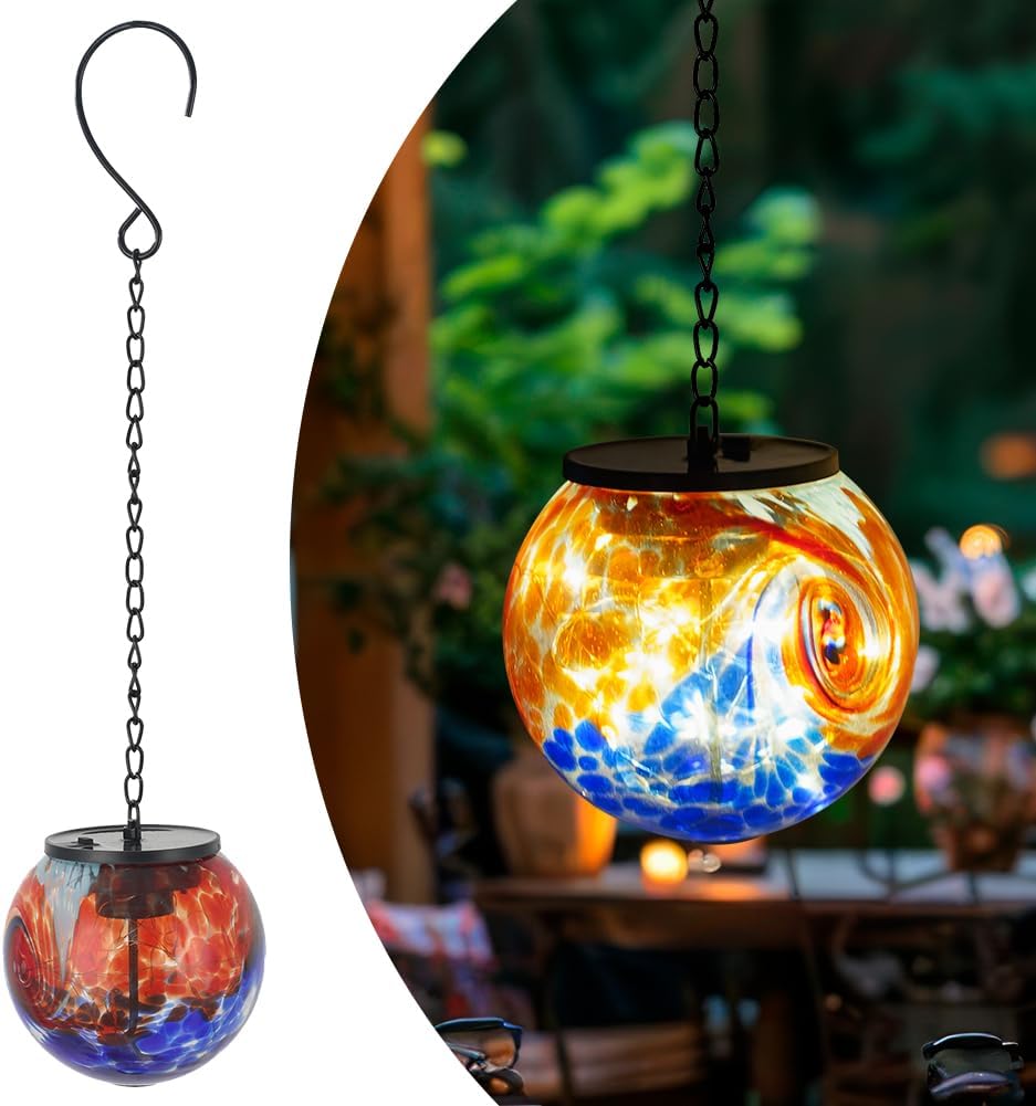 Hanging Solar Lanterns Outdoor Waterproof, Hanging Glaze Glass Solar Lantern, Gazing Ball Lantern Waterproof Decor for Yard Garden Patio