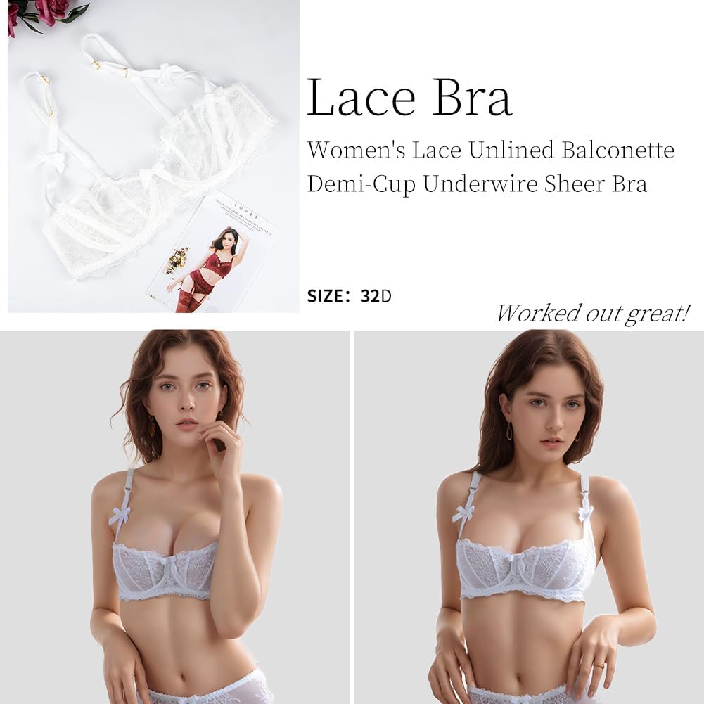 Women's Lace Unlined Balconette Demi-Cup Underwire Sheer Bra - Image 2