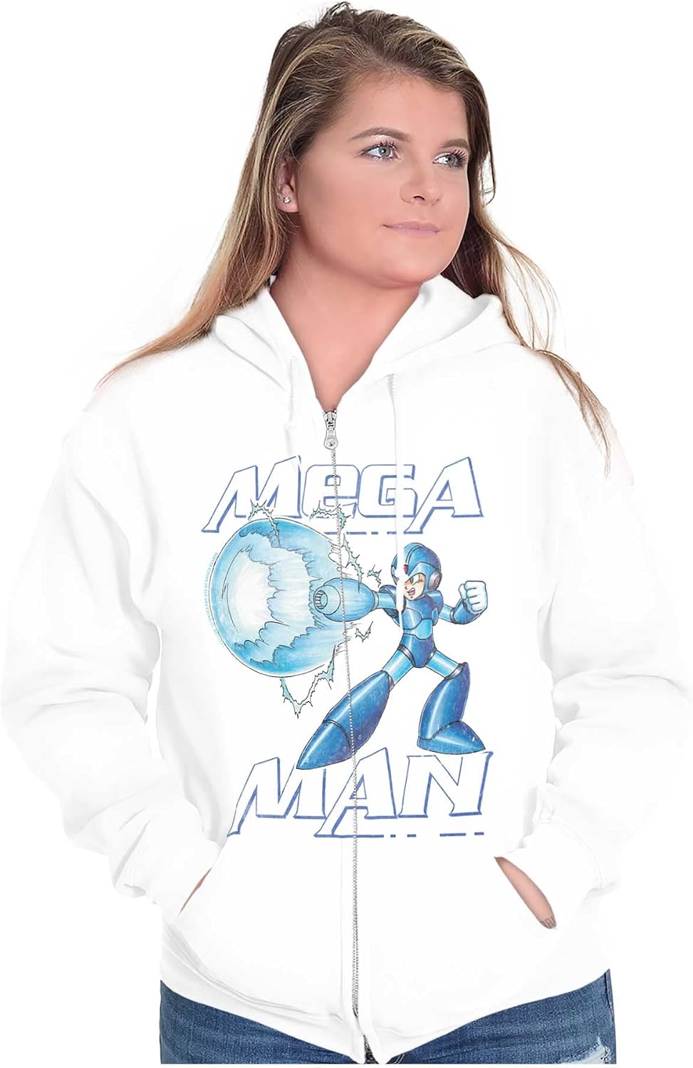Brisco Brands Mega Man Classic 90s Anime Character Zip Up Hoodie Mens Womens