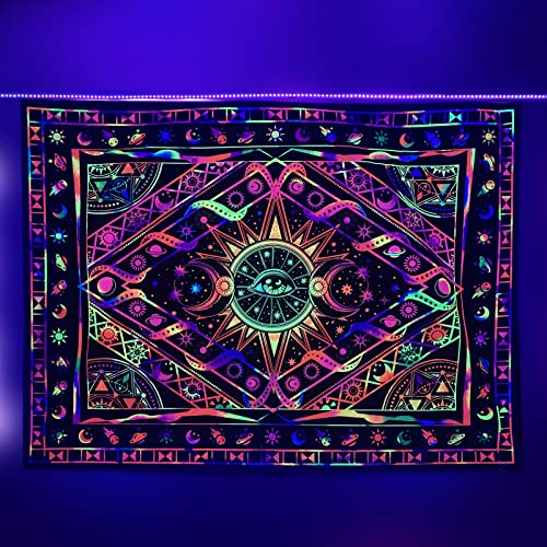Bohoidee Blacklight Sun And Moon Tapestry Dark Spieitual Eye Aesthetic Uv Reactive Trippy Bedroom Living Room Decor Wall Art Glow Party Colorful Backdrop Hippie Boho Tapestries 48" X 36" #TOP1
