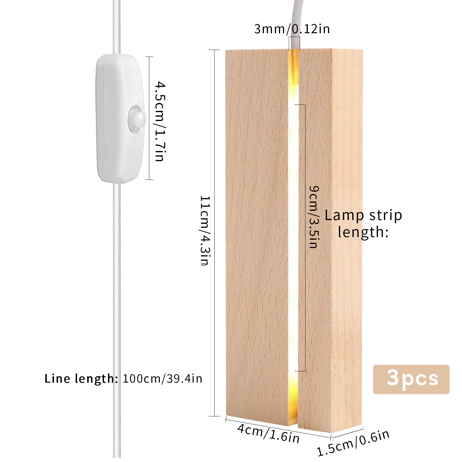Mecctuck Base de visualización de luces LED, base de 3 unidades, base de luz, base de madera, base de pantalla LED, base de madera iluminada, base de luz USB iluminada, base rectangular de madera