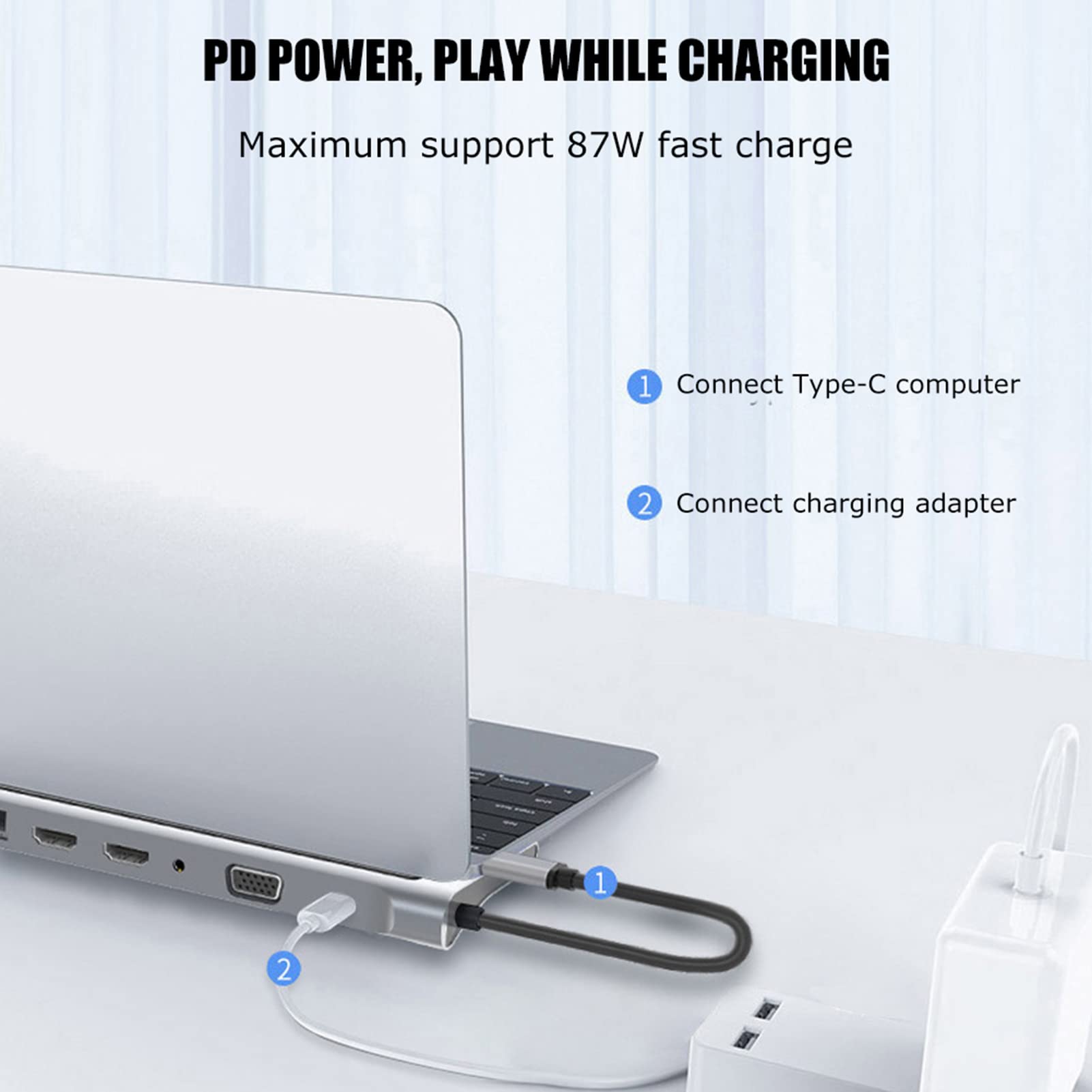 Estación de Acoplamiento 12 en 1, Salida Dual HDmi Vga, USB 3.0 Compatible con Carga Rápida PD, Salida de Audio de 3,5 MM Compatible con RJ45, 87 W Adecuado para Disco U, Ratón, Teclado