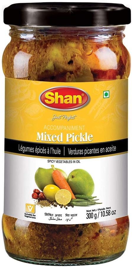 Shan Mixed Pickle 10.58 oz (300g) - Spicy Vegetables Pickled in Oil - Rich Blends of Spices - Perfect Accompaniment to Everyday Meals - Suitable for Vegetarians - Airtight Pet Jar
