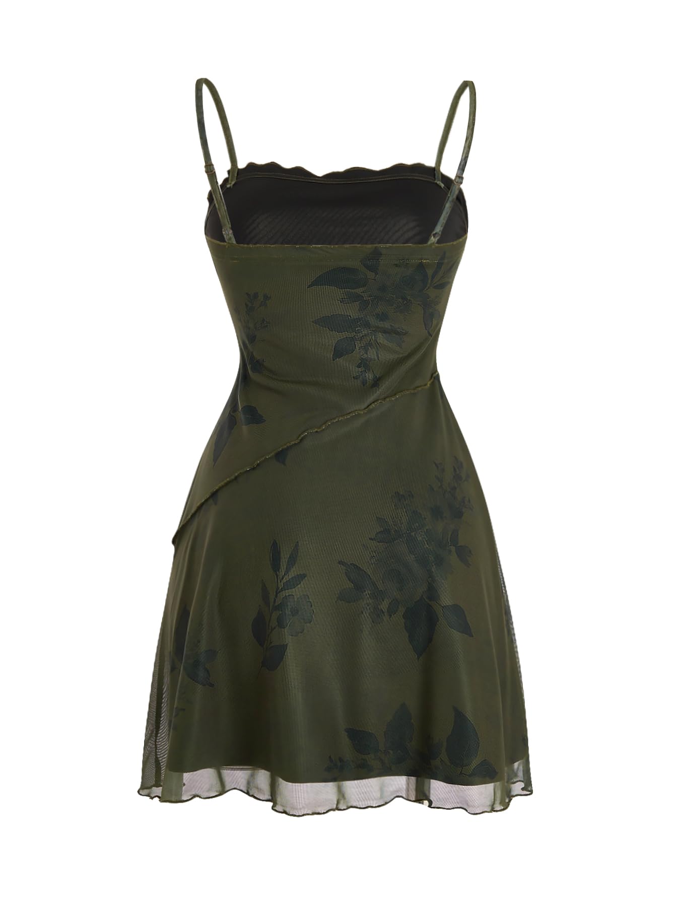 Verdusa Women's Mini Dress Floral Spaghetti Strap Mesh Dresses Going Out Festival Concert Outfits Grunge Gothic Clothes: Medium Dark Green