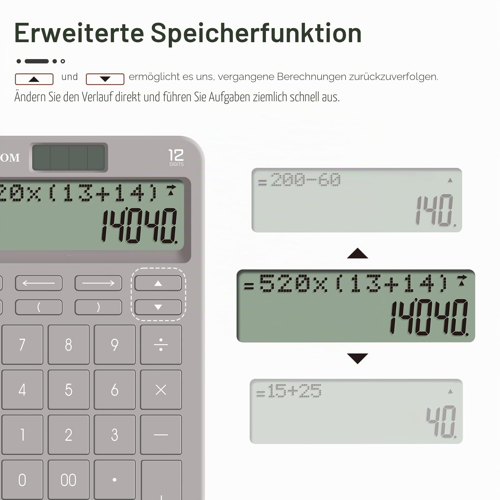 GUYUCOM Tischrechner mit verbesserter Verlaufsaufzeichnung und Track-Back-Funktion, 2-zeiliges großes klares LCD-Display, 12-stellig, große empfindliche Taste, grau