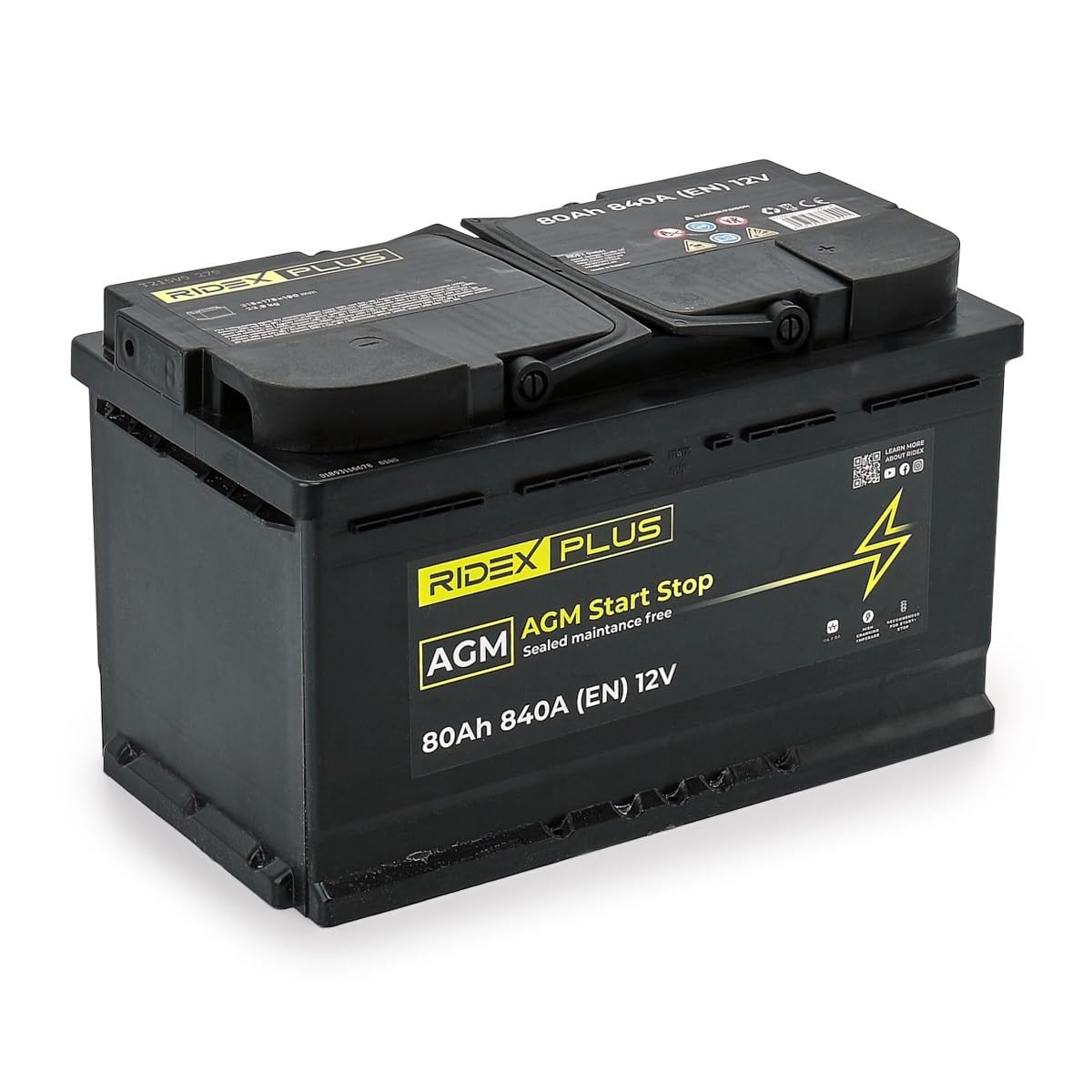 RIDEX PLUS 1S0013P AGM Start-Stop Batería Coche 80Ah 840A 12V B13 DIN/ISO L4 Baterías de Arranque de 75Ah 70Ah Compatible con VW Transporter T5 Furgoneta 7HA, 7HH, 7EA, 7EH Tiguan II AD1, AX1