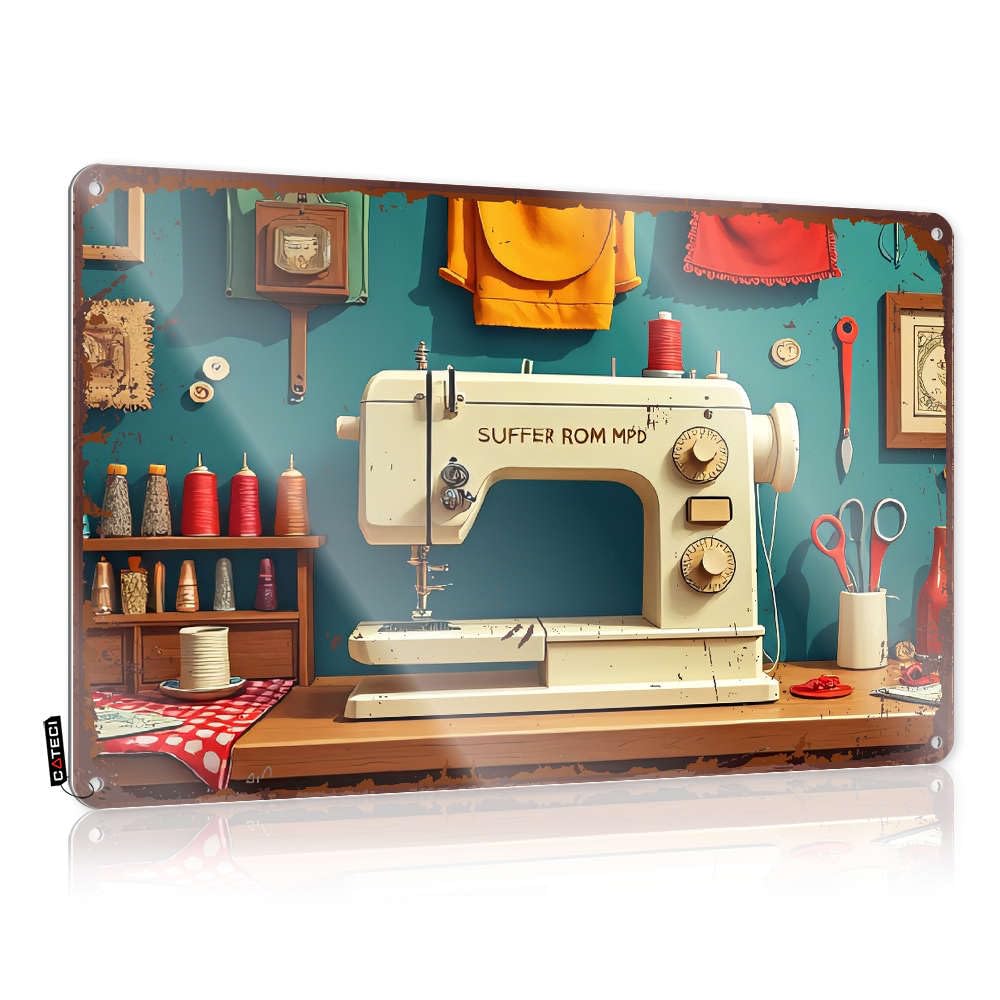 Tinplate Sign Funny Highland Bathroom Decor Hanging Plaque Rust-proof Metal - Farmers Market Vintage & Sewing Machine With Colorful Threads And Tools. / Street Wall 2pcs(30X40CM)