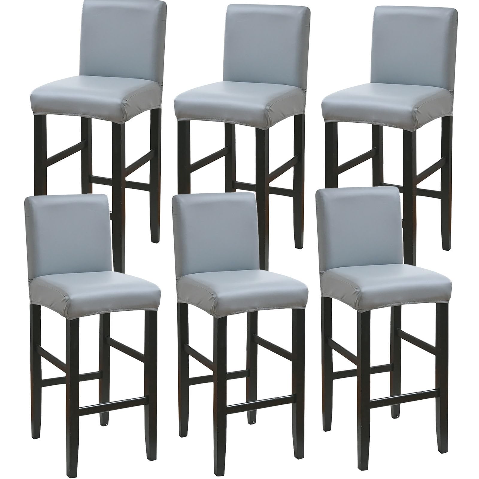 ZRCYXDW PU Leather Bar Stool Covers, Waterproof Bar Stool Chair Covers Set of 6 Stretch Washable Counter Stool Pub Chair Slipcover for Dining Room Cafe-grey-6 Pack