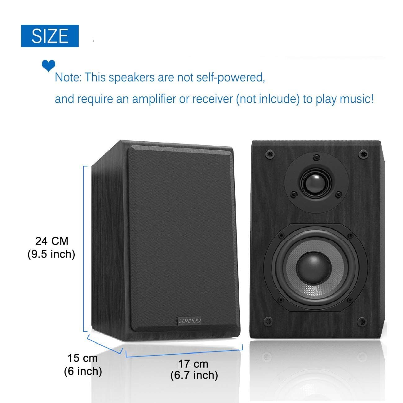 Lonpoo Kompaktowy głośnik regałowy Hifi z 4-calowym włóknem węglowym i Silk Dome Tweeter,4-8 omów (para), czarny