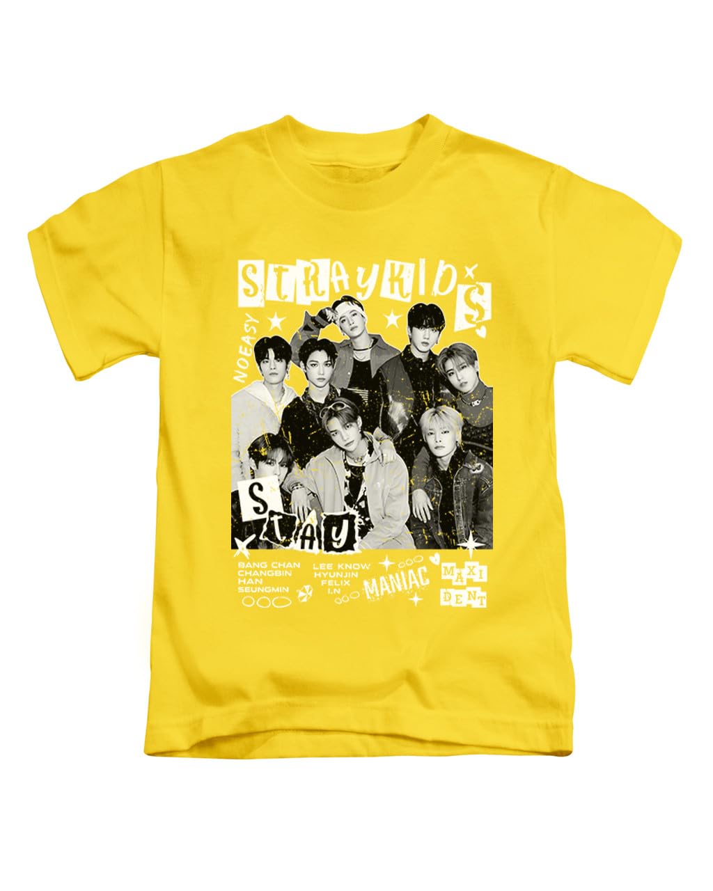 Kids pop Stray, Iconic Icons Trendy Cool Korean k Fun Cute Felix lee Bang Tee T-Shirt Funny Unisex T Shirt Top Yellow
