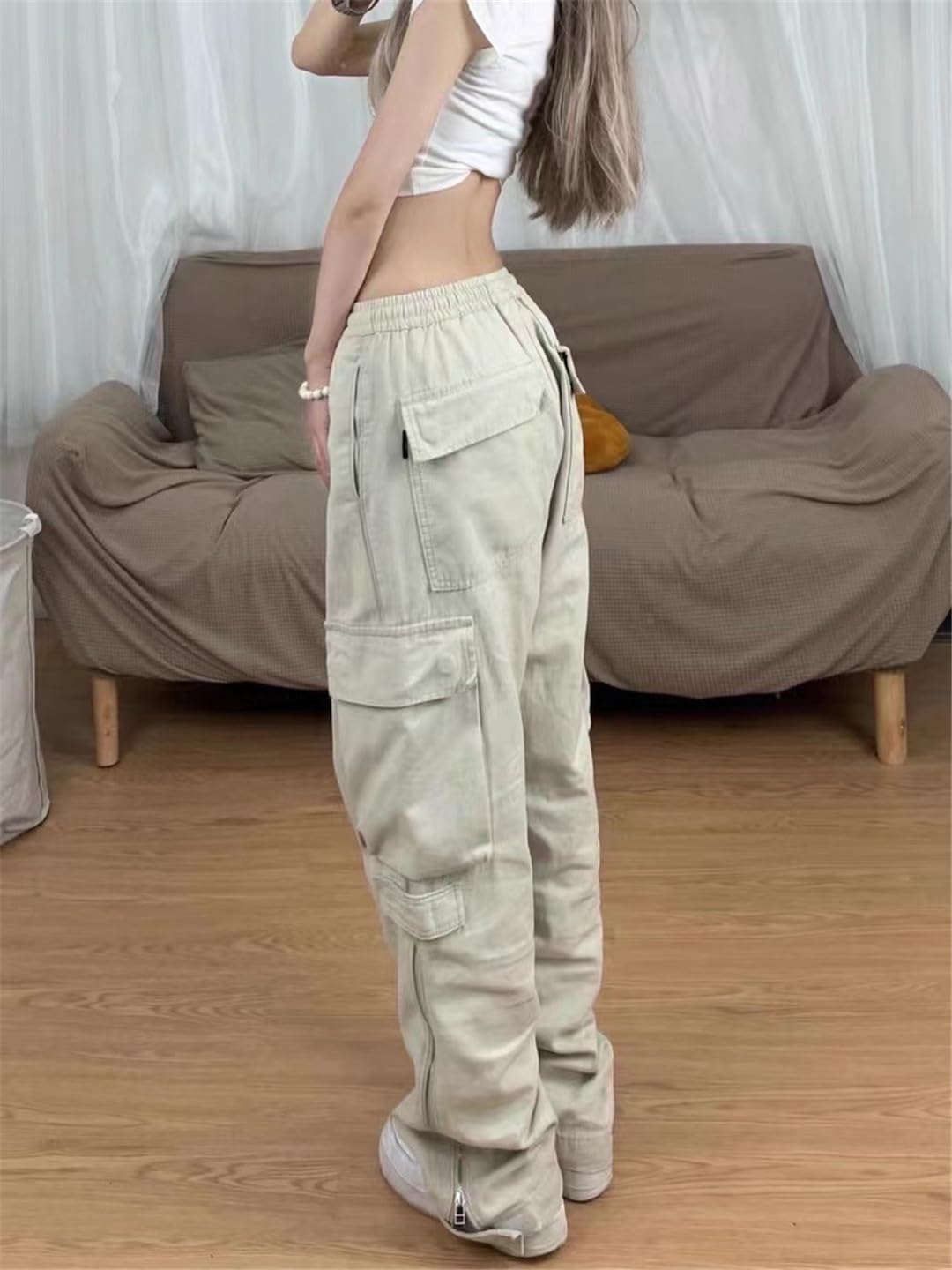 Fjnbbiot Pantaloni Cargo retrò Donna Tasche Vintage Pantaloni Larghi Pantalone Gamba Larga Femminile