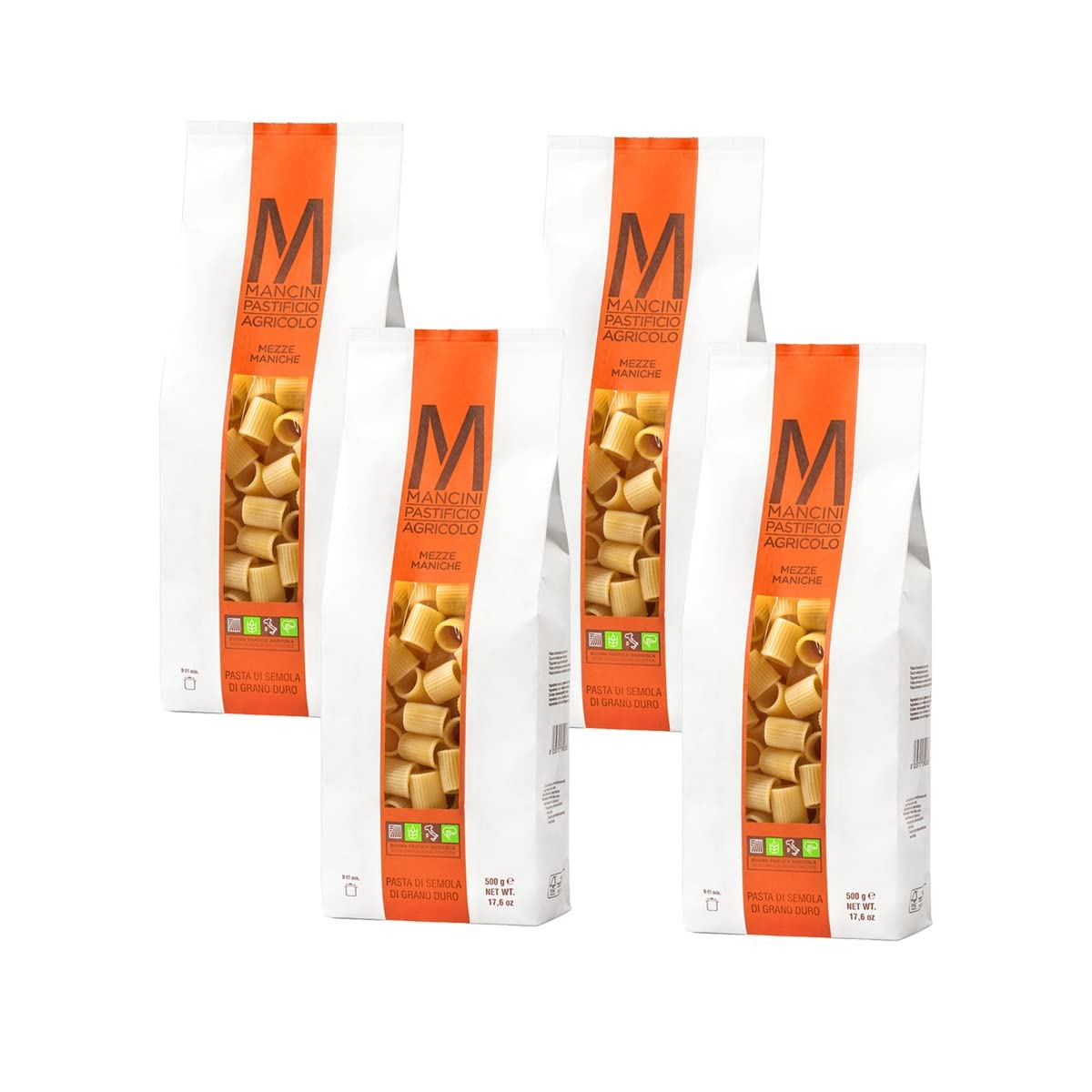 Mancini Pastificio Agricolo Mezze Maniche Línea Clásica – Pasta Artesanal de Sémola de Trigo Duro, Elaborada con Trigo de las Marcas, Trefilada en Bronce, Secado Lento – 4 Paquetes de 500 g