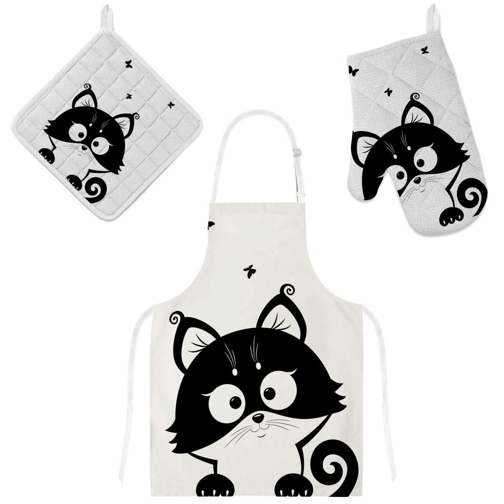 Tablier de cuisine gants de four maniques motif chat idée cadeau originale