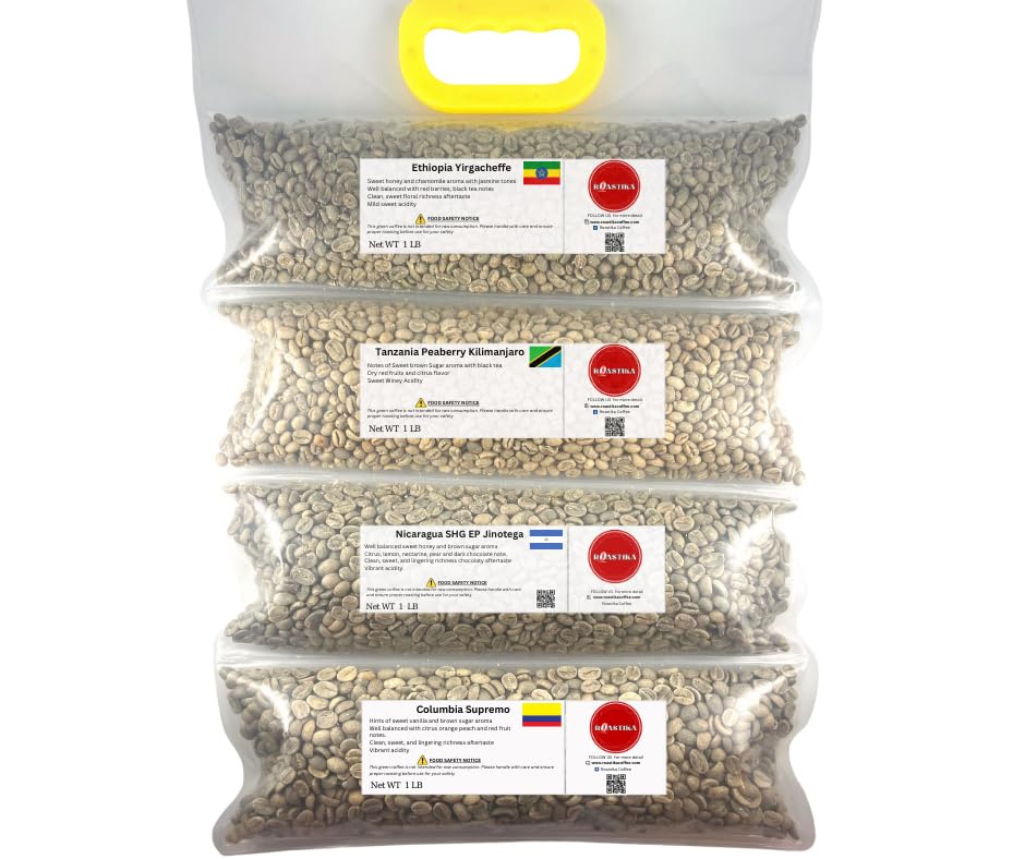 Roastika - Unroasted Green Coffee Bean - 4lb (pack of 4) - Sampler Pack - Bundle 3 - (ETHIOPIA YIRGACHEFFE/TANZANIA PEABERRY KILIMANJARO/NICARAGUA/COLOMBIA SUPREMO)