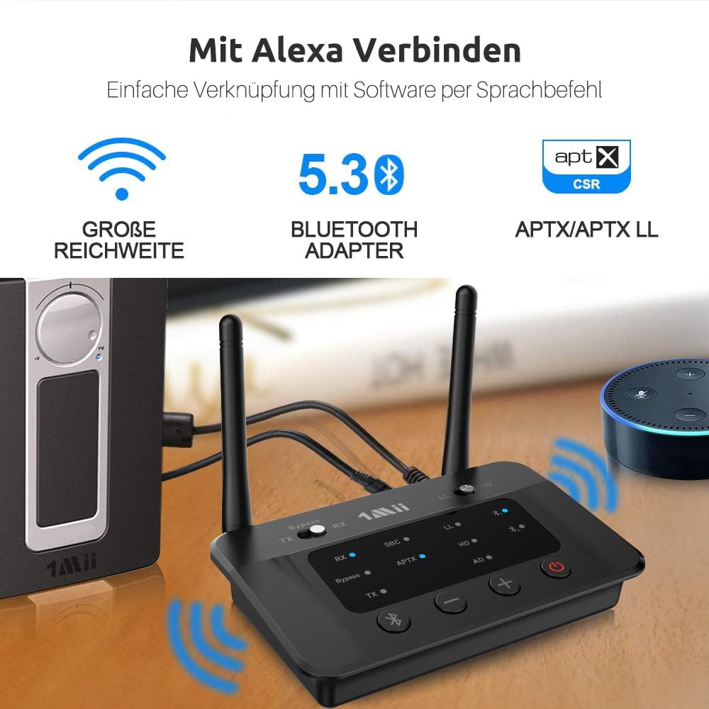 1Mii B03 Bluetooth 5.3 Transmitter & Empfänger für TV & Stereoanlage, aptX Adaptive/HD/Low Latency, Drahtloser Audioadapter mit Großer Reichweite, unterstützt 2 Kopfhörer, Optischer/AUX/RCA Anschluss