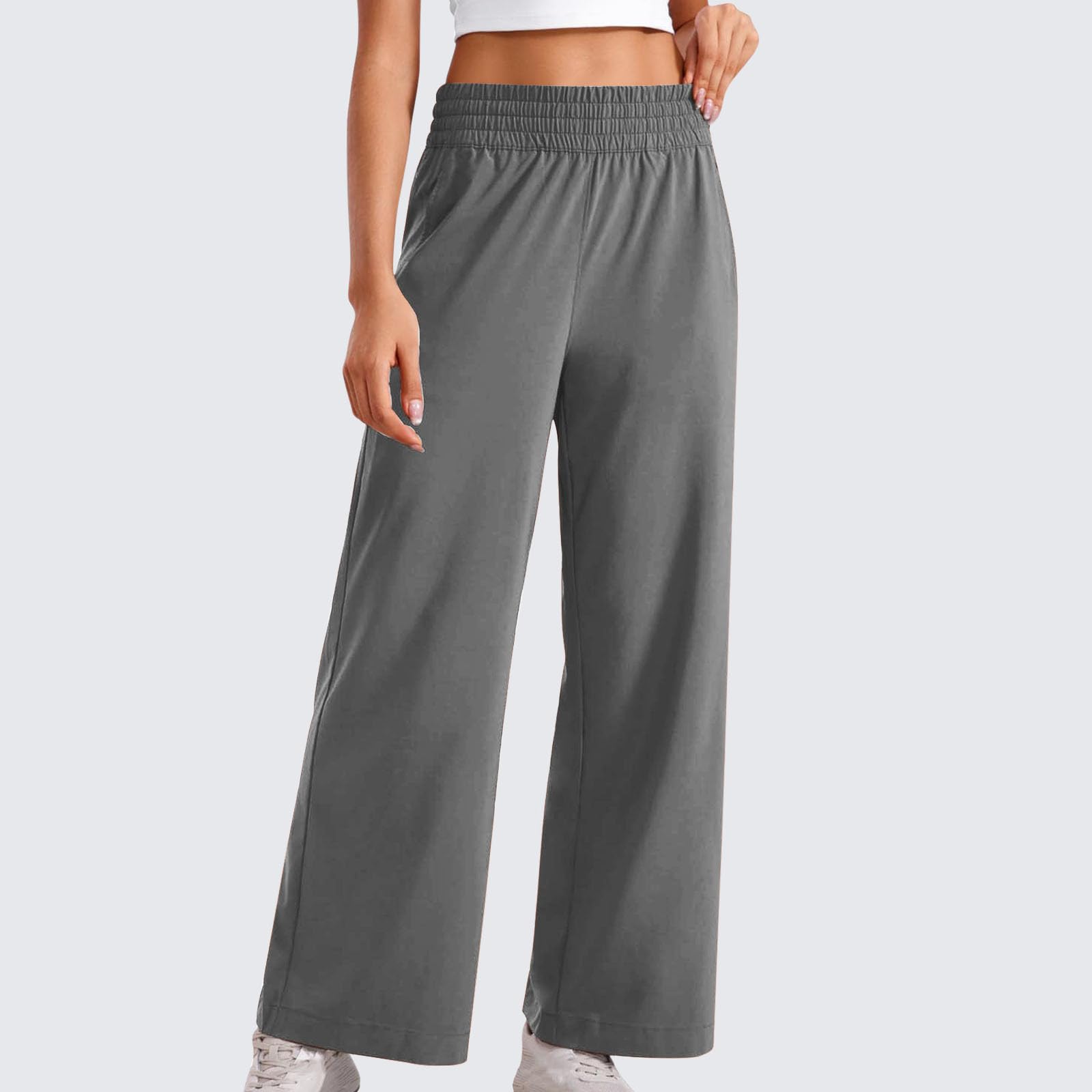 Pantalon Large Femme Taille Élastique Poches Latérales Couleur Unie