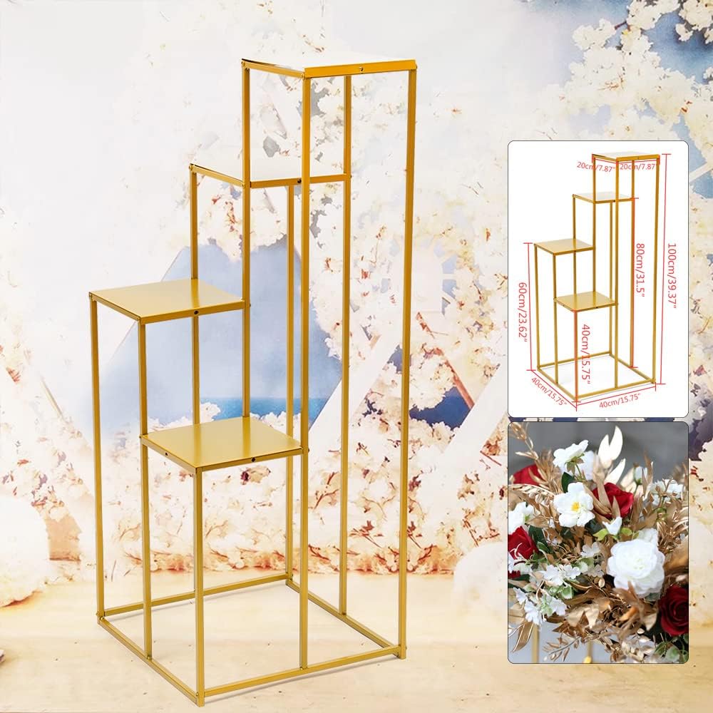 4 Layer Flower Stand Wedding Party Gold Metal Column Vases Stand, for Business Celebrations, Birthday Parties, Themed Events, 15.7*15.7*39.3inch
