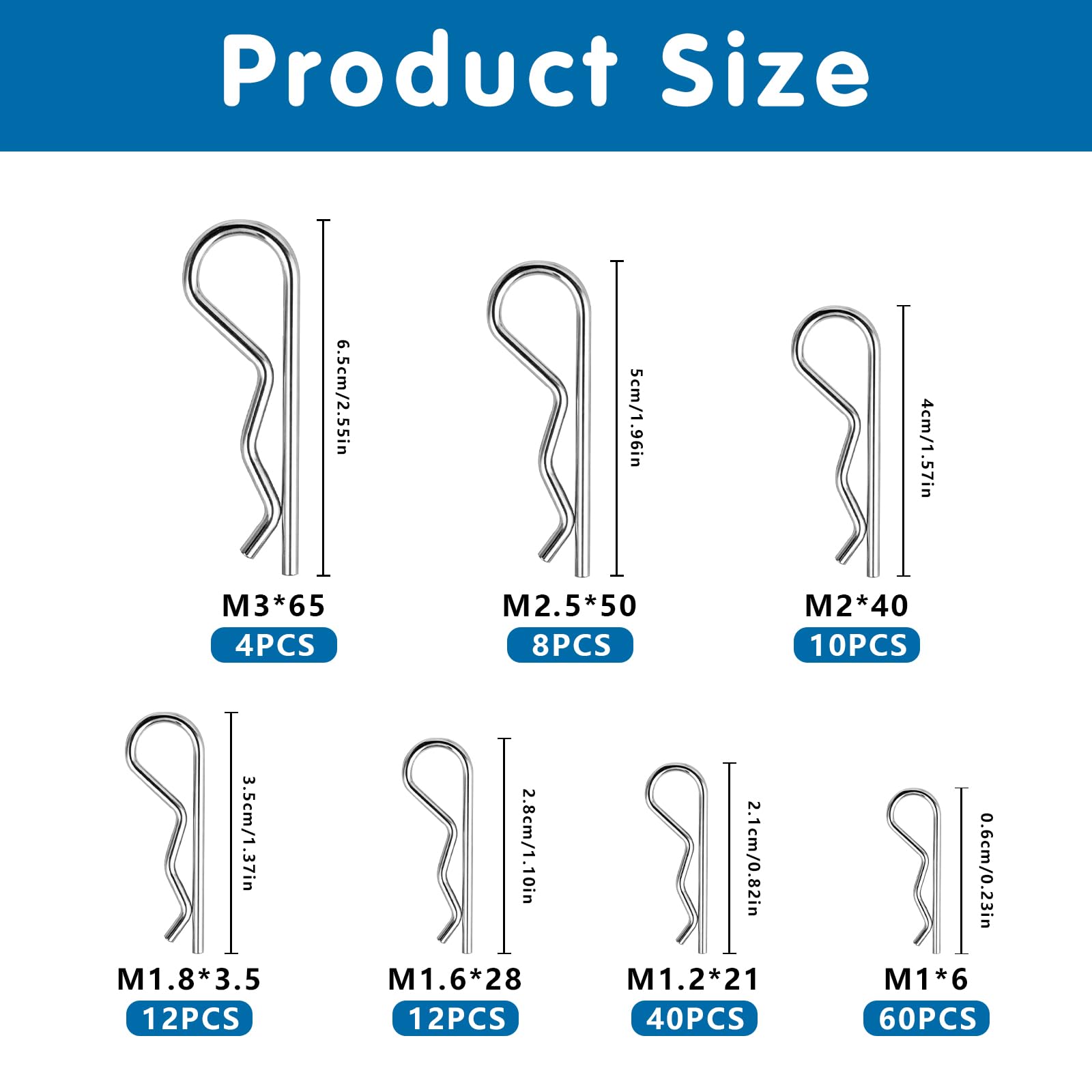 Coppiglie Acciaio Inox 150 Pz, Coppiglia Spine Elastiche, Coppiglia di Bloccaggio 7 Misure