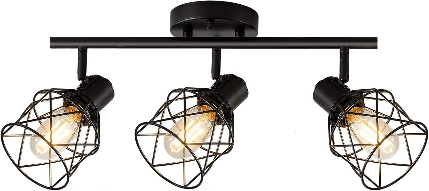 2-Lights Kitchen Track Lighting, Adjustable Multi-Directional Ceiling Light Fixtures, Rotatable Farmhouse Light Fixtures Mount with Metal Cage for Dining Room, Living Room, Bedroom, E26 Base