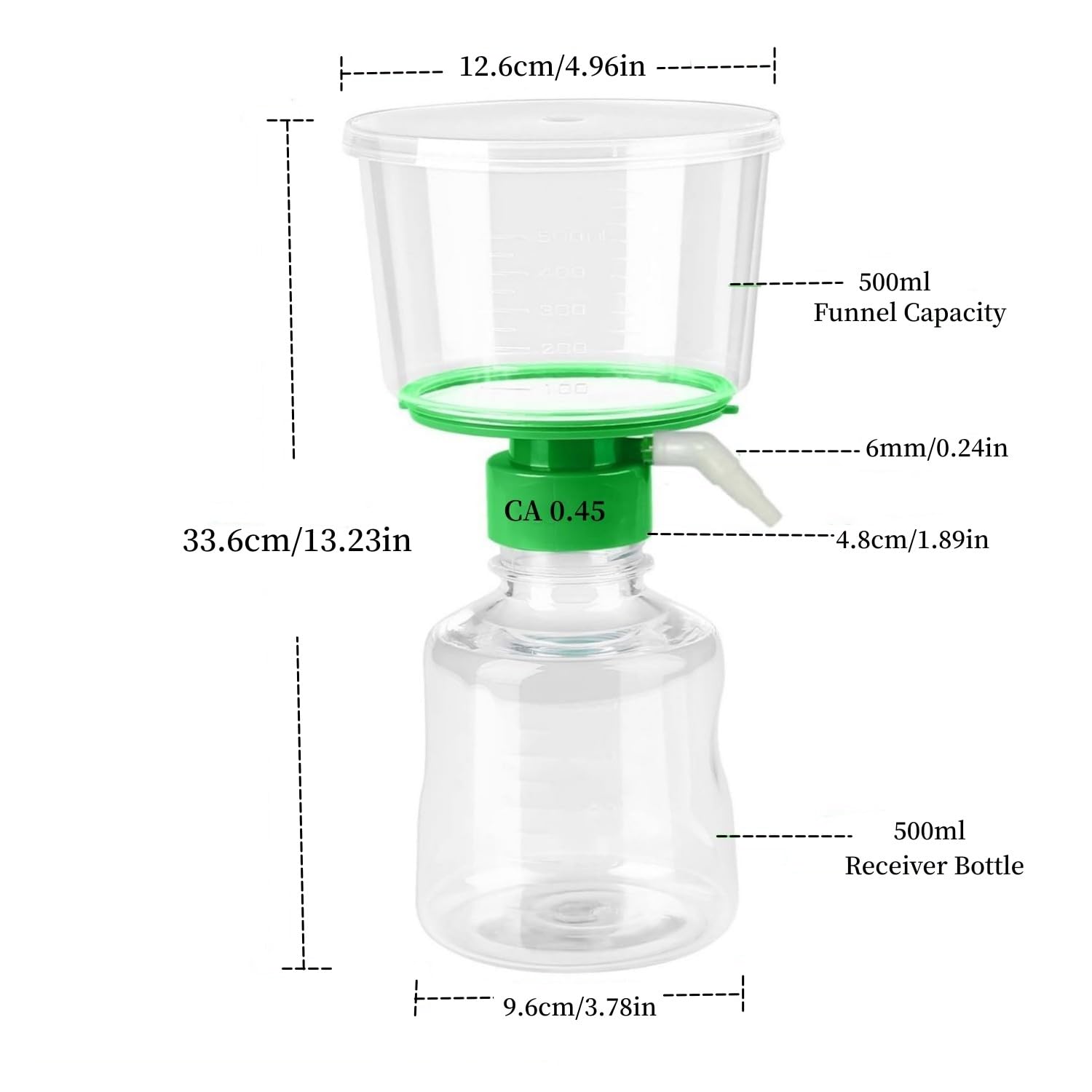 Unidades de filtro de vacío estériles de 500 ml con membrana CA de 0,45 um, envueltas individualmente