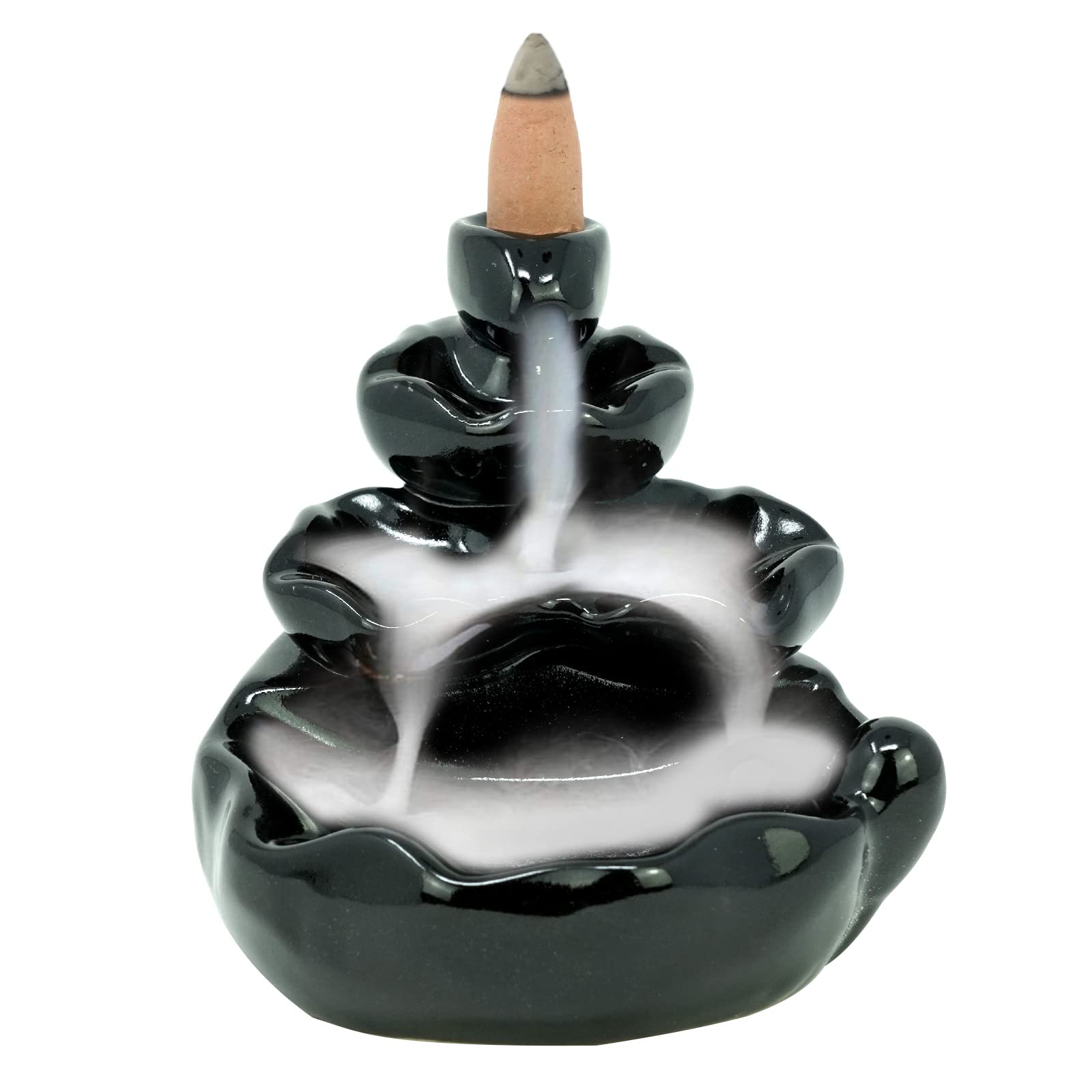 Backflow Incense Burners Ceramic Waterfall Smoke Incense Holder With 20 Backflow Incense Smoke Cones Handmade Craft Smoke Waterfall Aromatherapy Home Ornament Decor, Black (Design 4)