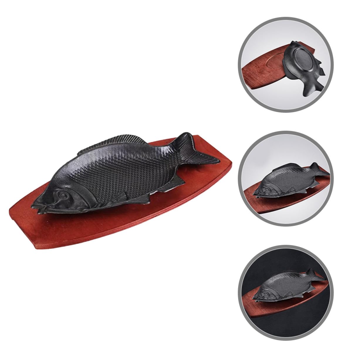 Plato de Pescado de Hierro para Barbacoa, Bandeja para Asar Mediana con Base de Madera, Bandeja para Servir Carne y Pescado para Hogar y Restaurante, Resistente y Fácil de Limpiar