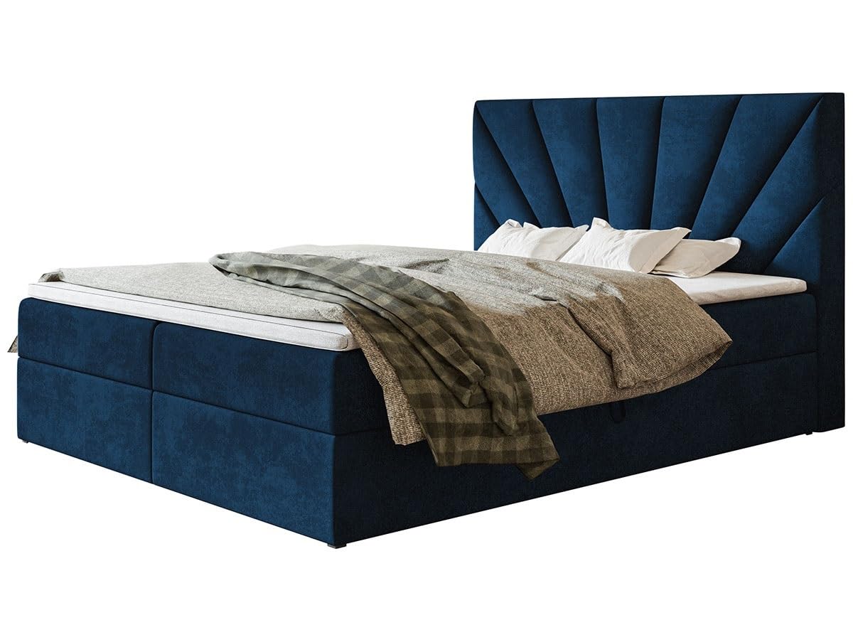 Boxspringbett 180x200, Velourstoff, Dunkelblau, Bonell-Matratze