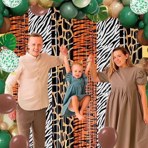 Image of Jungle Safari Balloon Arch Garland Kit Birthday Party Decorations, Animal Foil Fringe Curtains Backdrop Tinsel Streamers Banner Tropical Palm Leaves for Safari Themed Wild Party Decor Supplies Favors