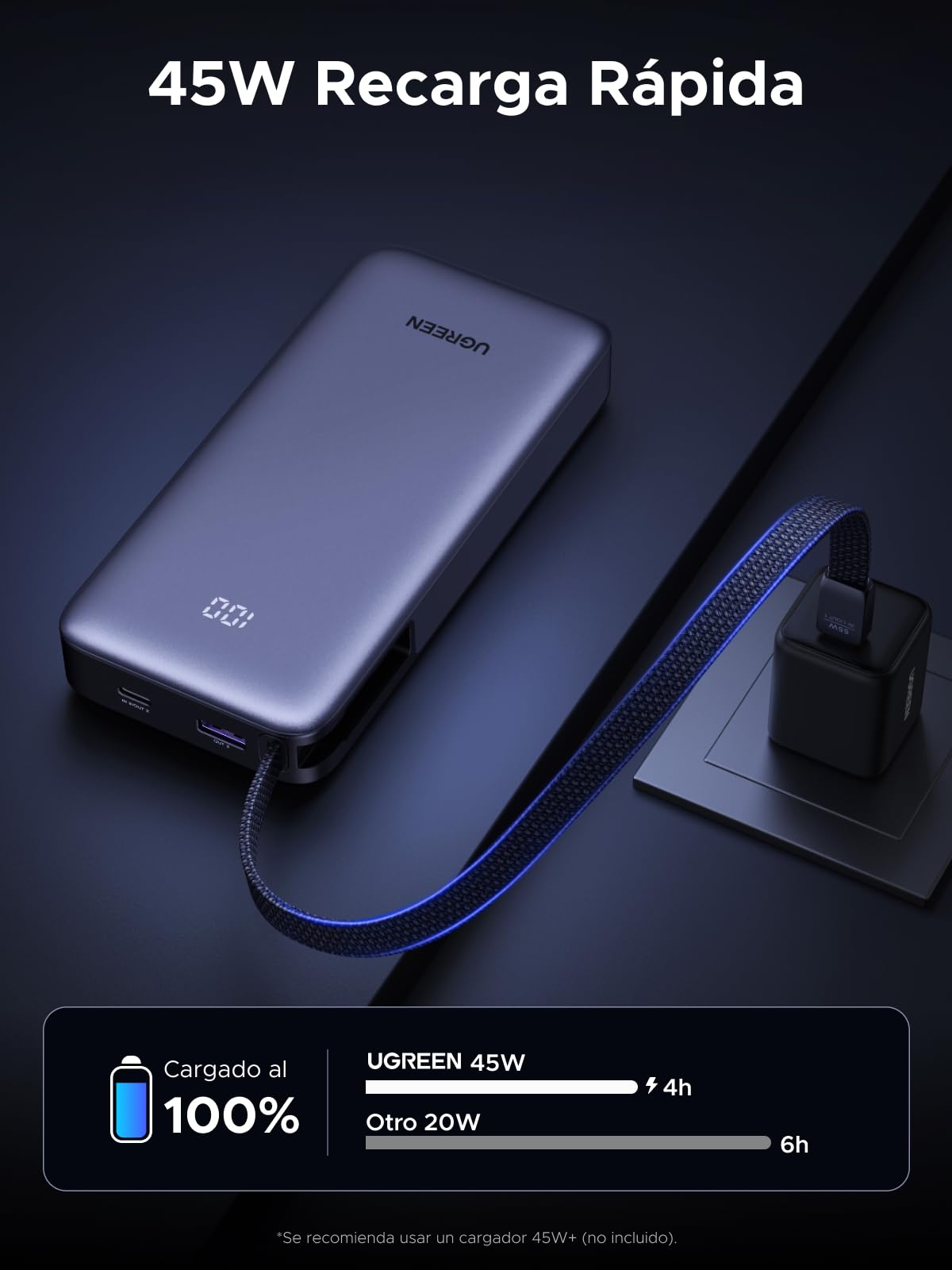 UGREEN Nexode 55W Power Bank 20000mAh CCC Batería Externa Carga Rápida Cable USB C Integrado PD 45W Cargador Portátil PC LED Compatible con Xiaomi Note 15 14 13 Poco M8 M7 iPhone 17 16 Galaxy S26 S25