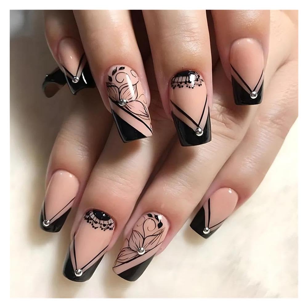 24pcs/set Short Square Fake Nails Geometric Flowers Design Press On False Nail Kit DIY Manicure(Y3)