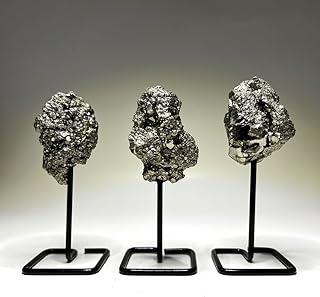 Natural Pyrite Crystal Cluster on Metal Stand - Peru Geode, Raw Rough Fool's Gold Crystal Mineral Specimen for Home Office Decor Gift