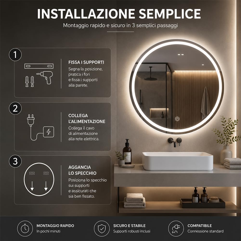 Shally Dogan Specchio Tondo da Parete con Led Dimmerabile a 3 Colori, Bianco Freddo, Caldo e Naturale, Accensione con Touch, Decorazione da Muro Design Moderno e Salvaspazio