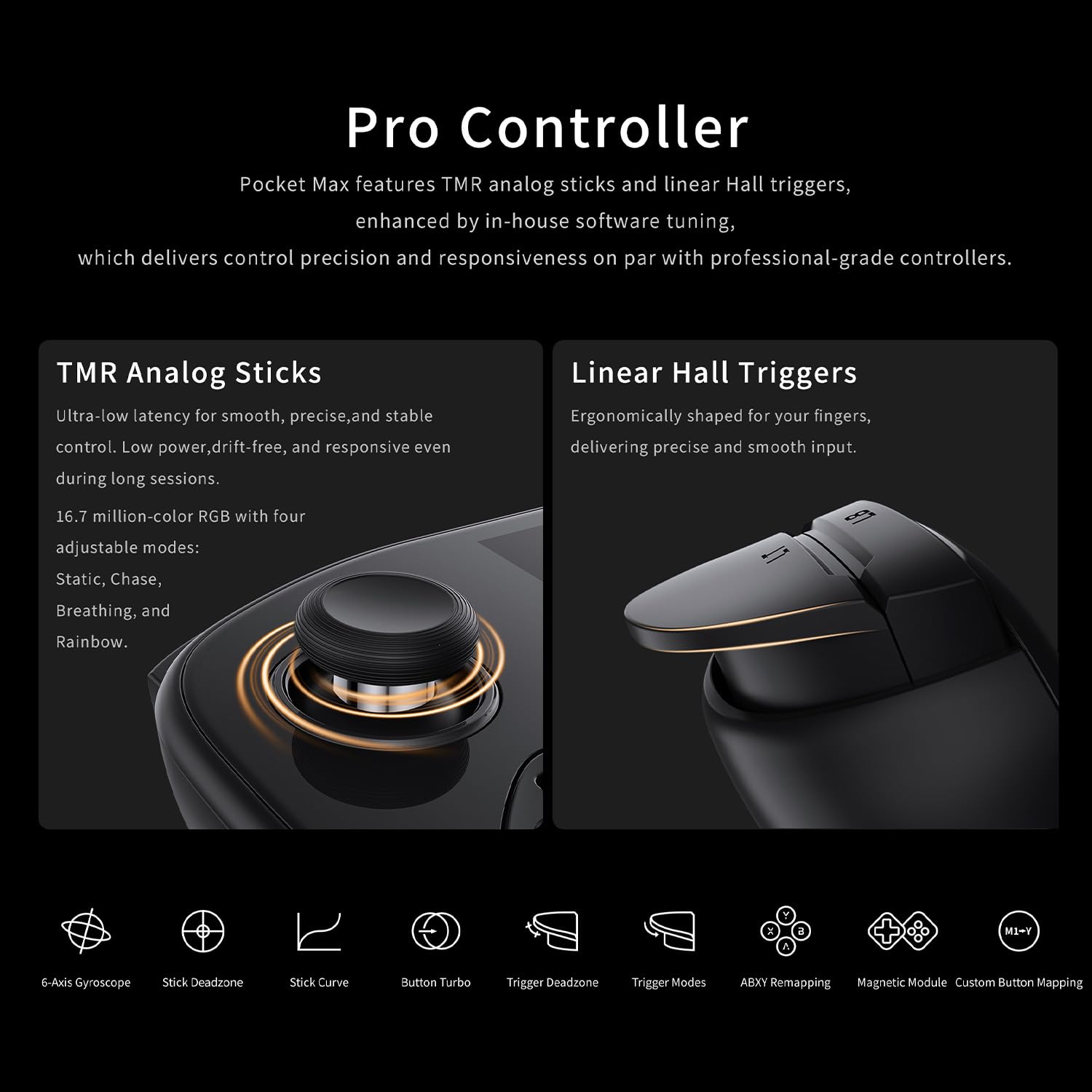 Pocket Max Console de Jeu rétro Portable Android, Écran Tactile 7" 144Hz FHD AMOLED, Snapdragon 865, 8GB RAM, 128GB UFS 3.1, Commandes modulaires magnétiques, Joysticks TMR, 8000mAh [Black]