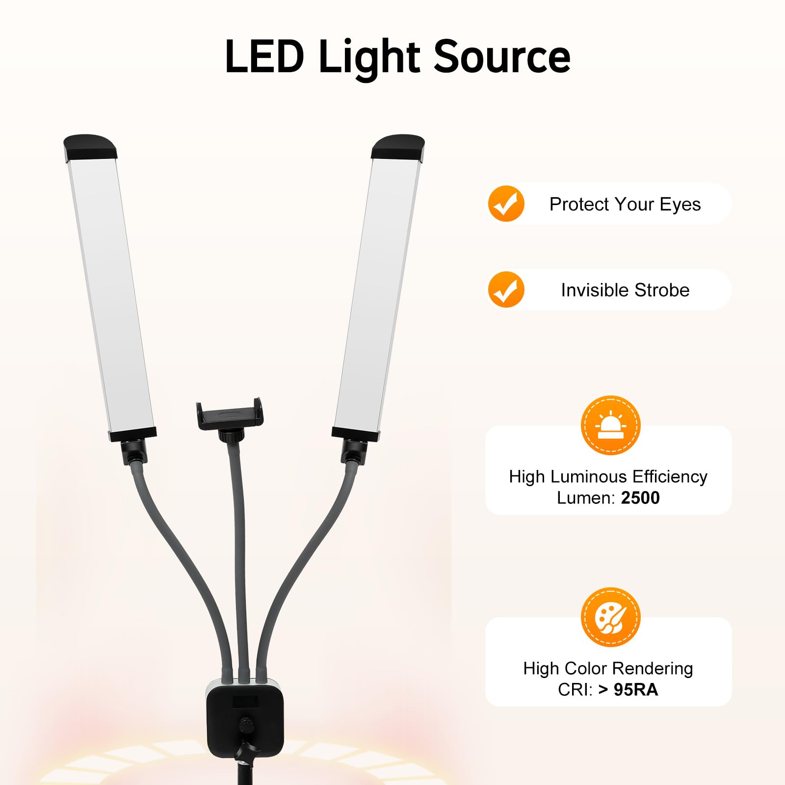 MINRS Lampada a doppio braccio a LED con treppiede e 1 supporto per cellulare, lampada per tatuaggi, luminosità regolabile, testa di luce girevole a 360°, per estensione delle ciglia, tatuaggio,