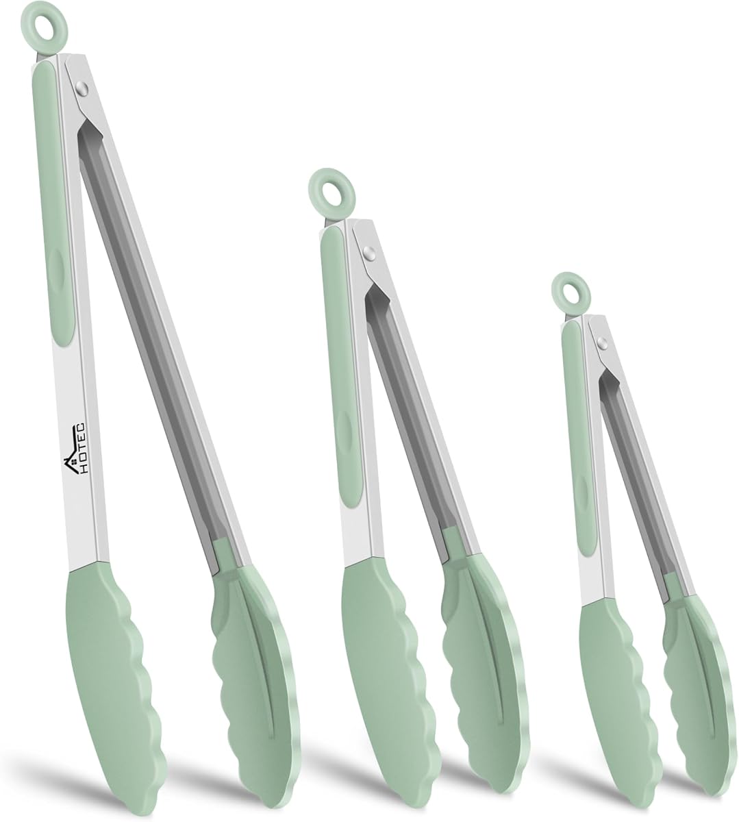 HOTEC Pinzas de cocina con bloqueo de acero inoxidable premium con puntas de silicona, juego de 3-7", 9" y 12" (verde claro)