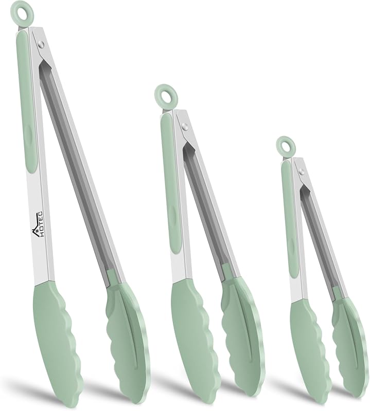 HOTEC Pinzas de cocina con bloqueo de acero inoxidable premium con puntas de silicona, juego de 3-7", 9" y 12" (verde claro)