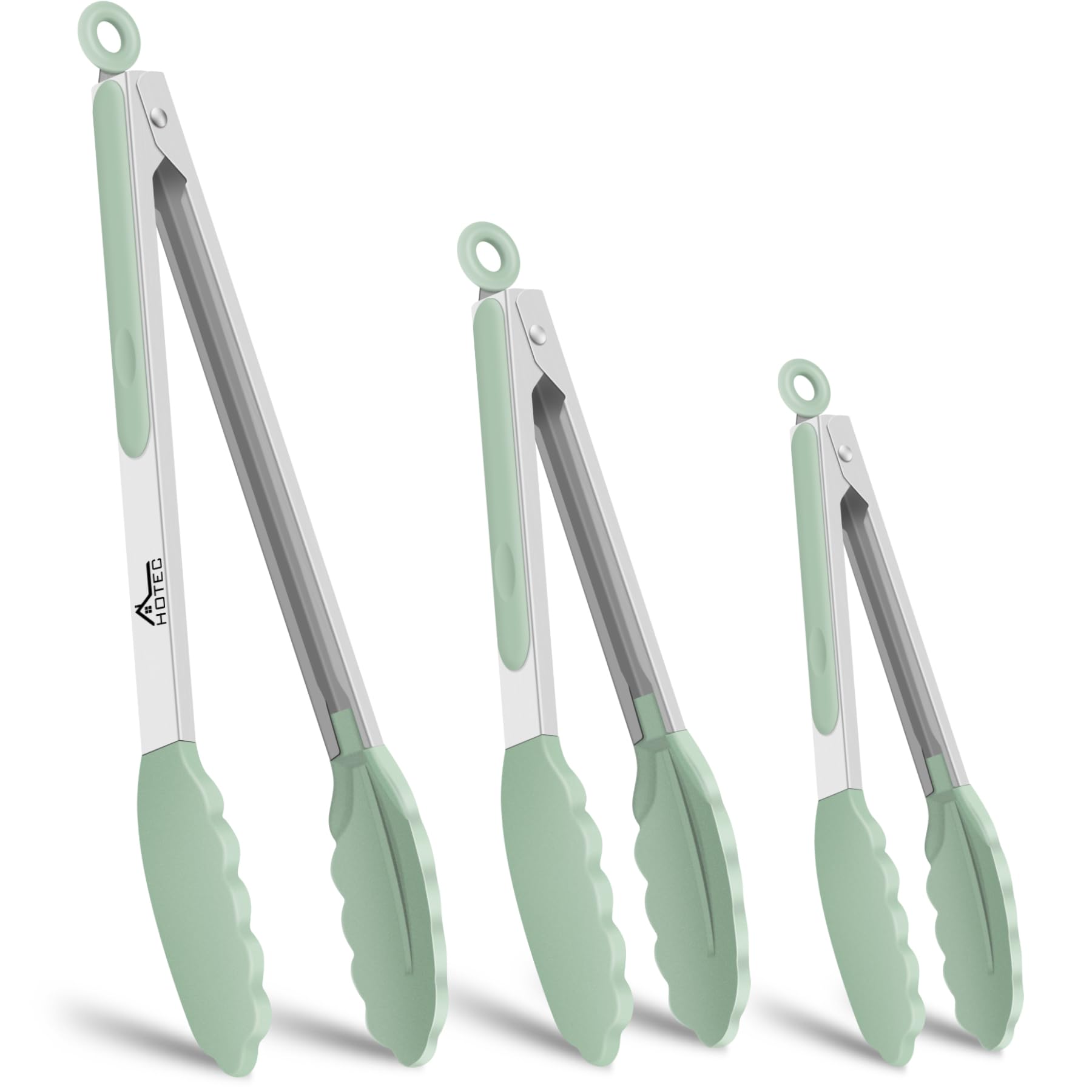 HOTEC Premium Stainless Steel Locking Kitchen Tongs with Silicon Tips, Set of 3-7", 9" and 12" (Light Green)