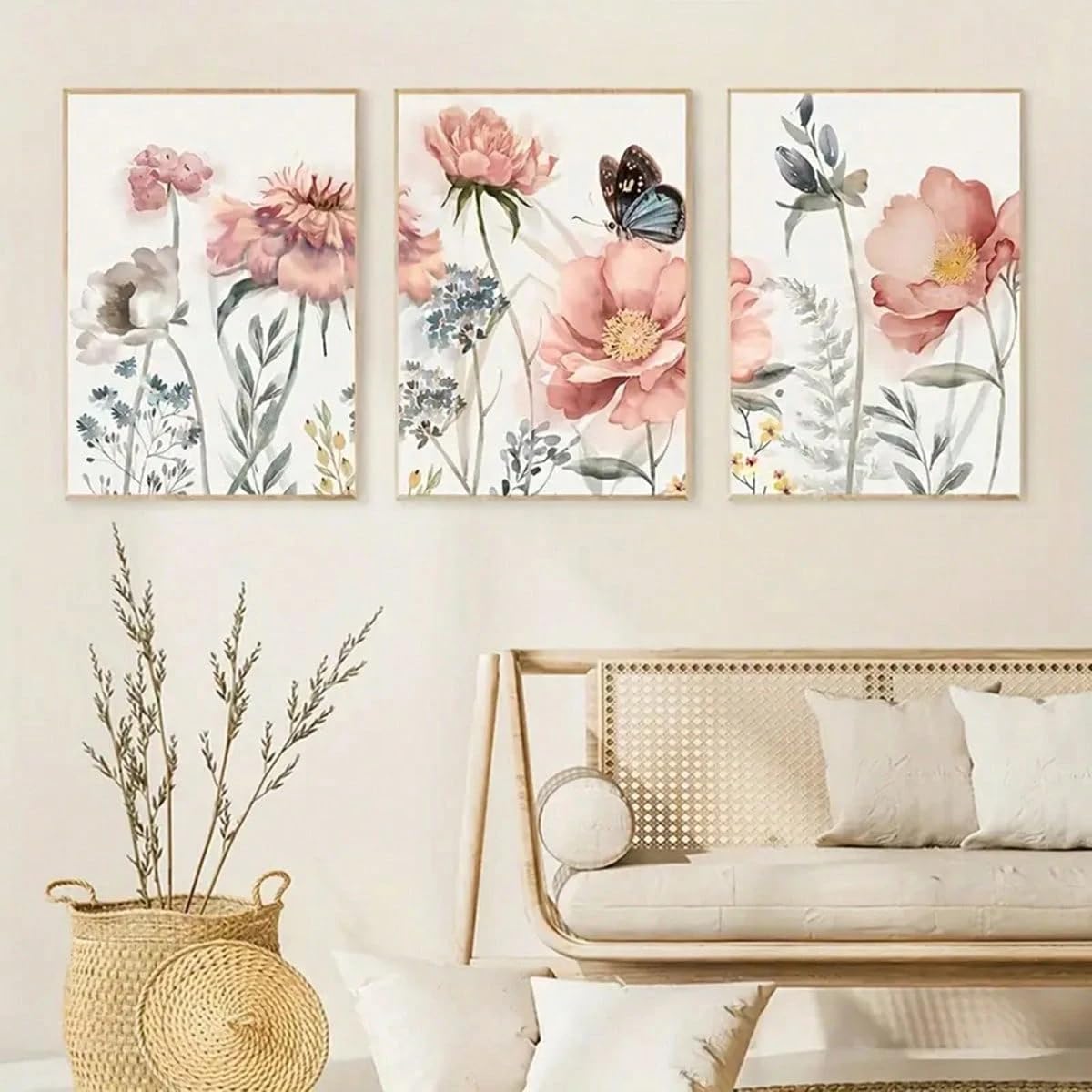 TZKBDMA Quadri su tela con fiori rosa e farfalle per decorare cucina, soggiorno e camera da letto - Poster in stile inchiostro per soggiorno (70x100cmx3/Senza cornice)
