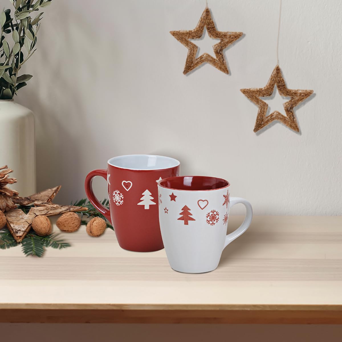 Tassen 36er Set Xmas in rot und weiß - Keramik Kaffeebecher als Weihnachtstassen in 10 cm - Klassische Kaffeetassen für Weihnachten spülmaschinenfest und mikrowellengeeignet