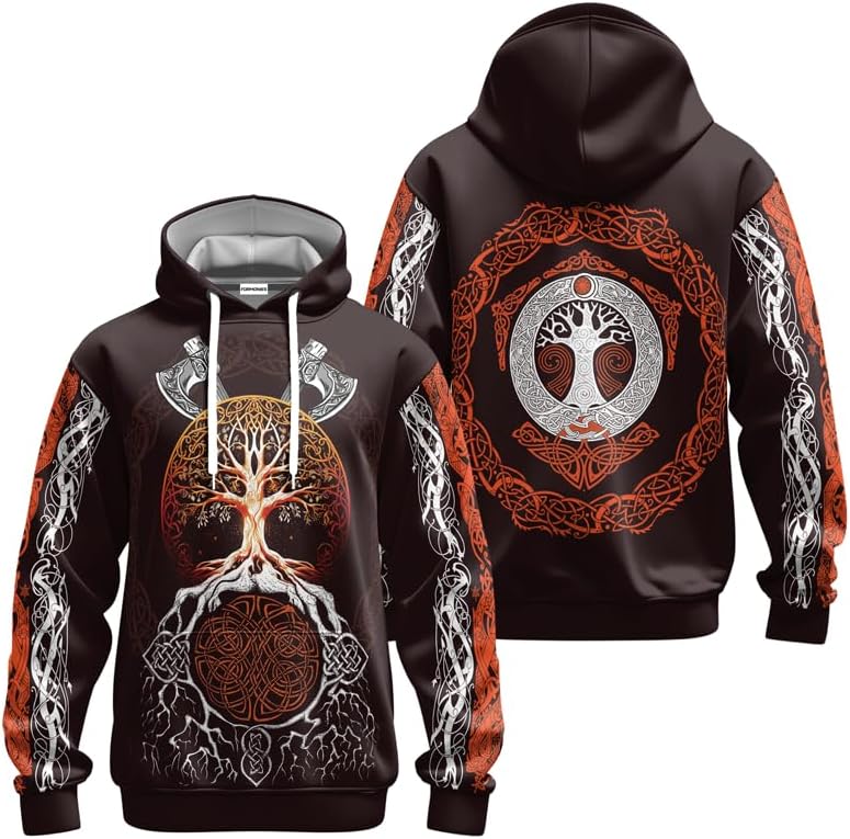 Viking Men's Hooded Collar Drawstring Hoodie Graphic Print Oversized Pullover Shirts with Pocket