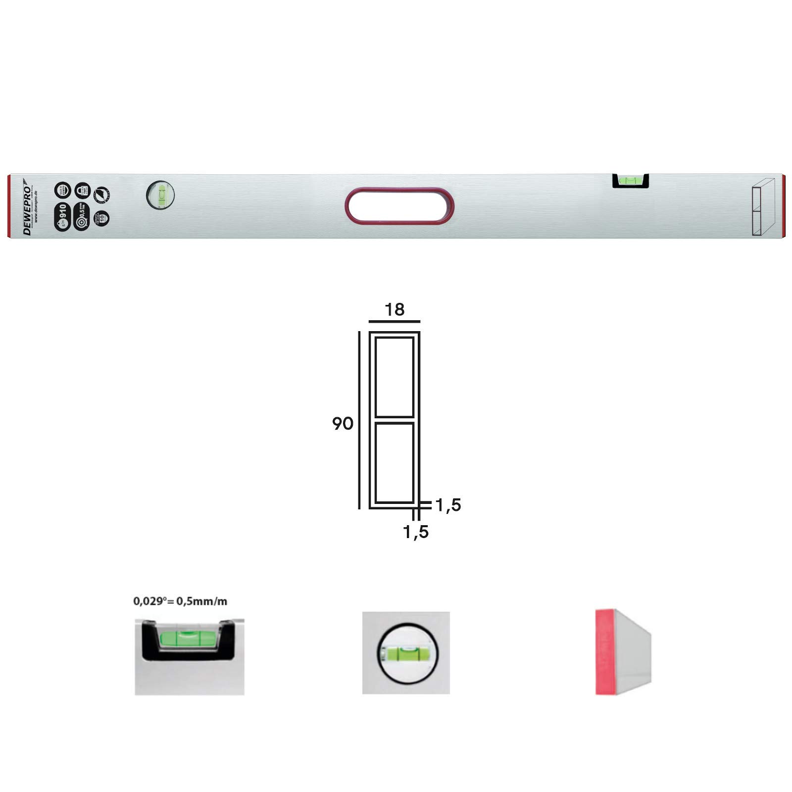DEWEPRO Aluminium Richtlatte 120 cm – Abziehlatte mit 2 Libellen & Handgriff – Setzlatte aus 2-Kammer-Aluprofil 90 x 18 mm – Putzlatte für Estrich, Nivellieren und Verputzen