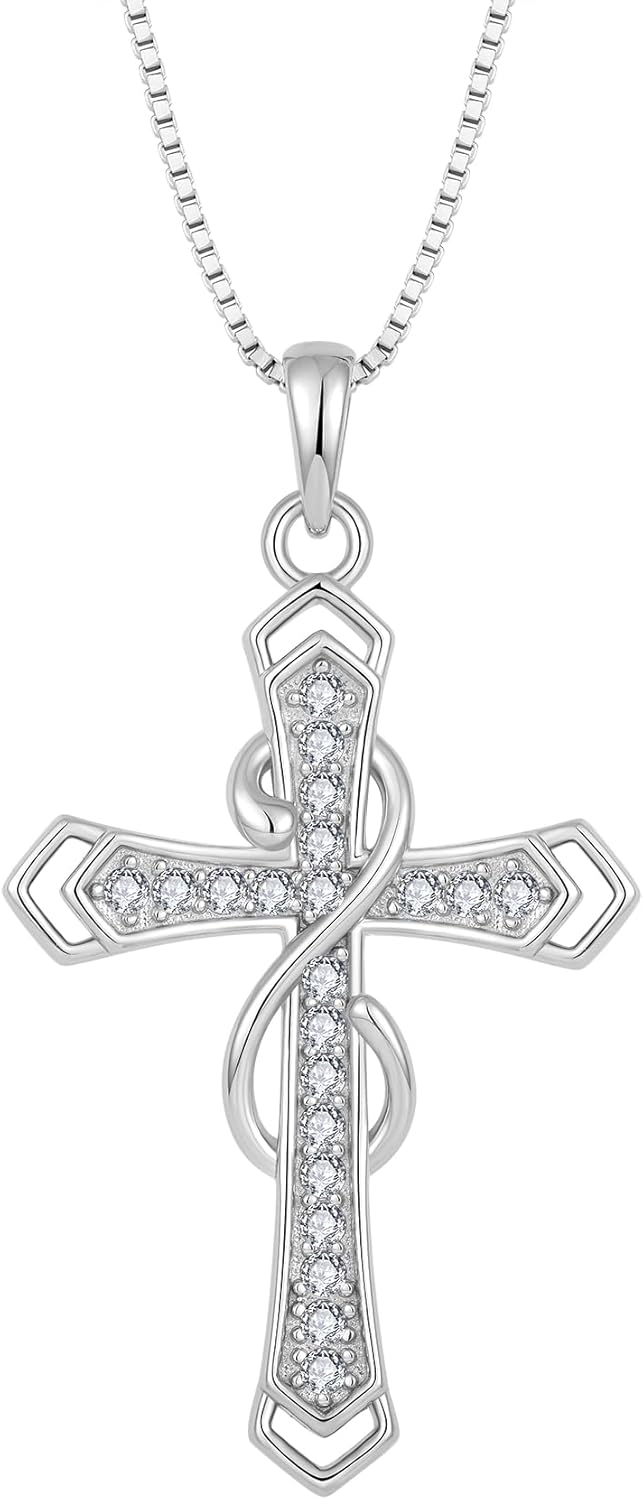 Fahonie Birthstones Cross Necklace for Women, 925 Sterling Silver Infinity Cross Pendant Necklace,Faith Christian Religious Jewelry Birthday Anniversary Mother's Day Gifts for Her Mom Wife