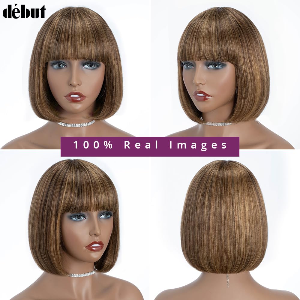 Short Bob Straight Wigs with Bangs Brazilian Virgin Human Hair Ombre Brown Mixed Blonde Glueless Bob Non Lace Front Wigs 8 Inches
