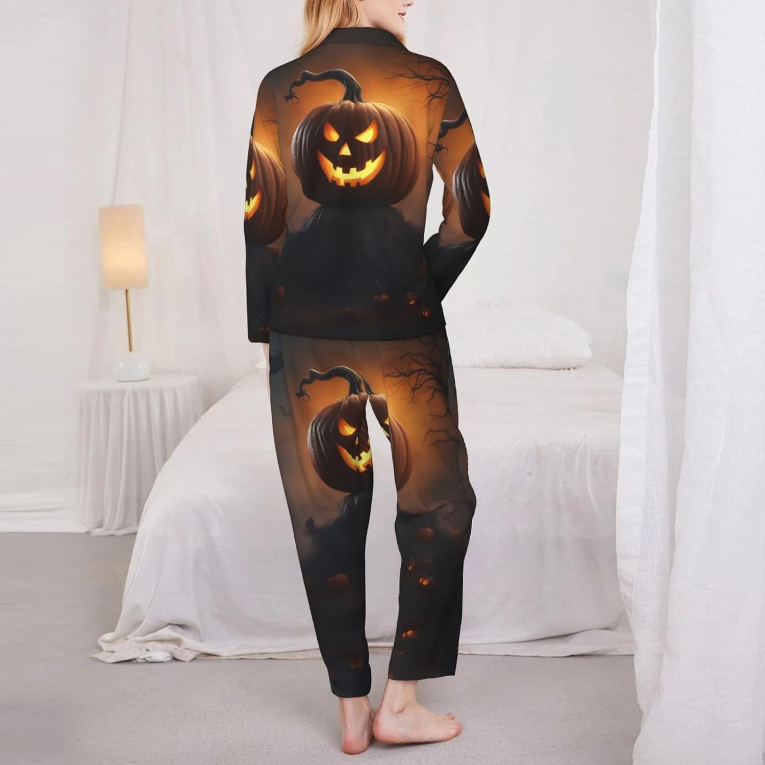 Halloween Ghost Pumpkin Print Womens Pajama Sets,Matching Christmas Pajamas,For Everyday Wear,Lounging And More