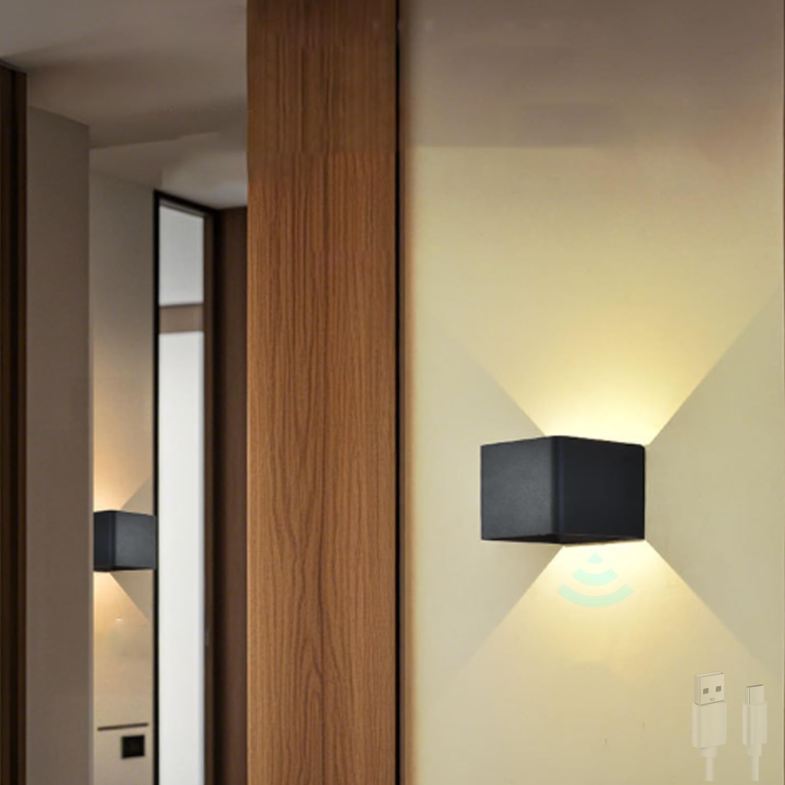 LED Interno Applique da Parete con Sensore di Movimento Luce da Parete Regolabile Angolare Alluminio Lampada da Parete USB Ricaricabile Rettangolare Design per Soggiorno (Nero Luce Calda,2 Pezzi)