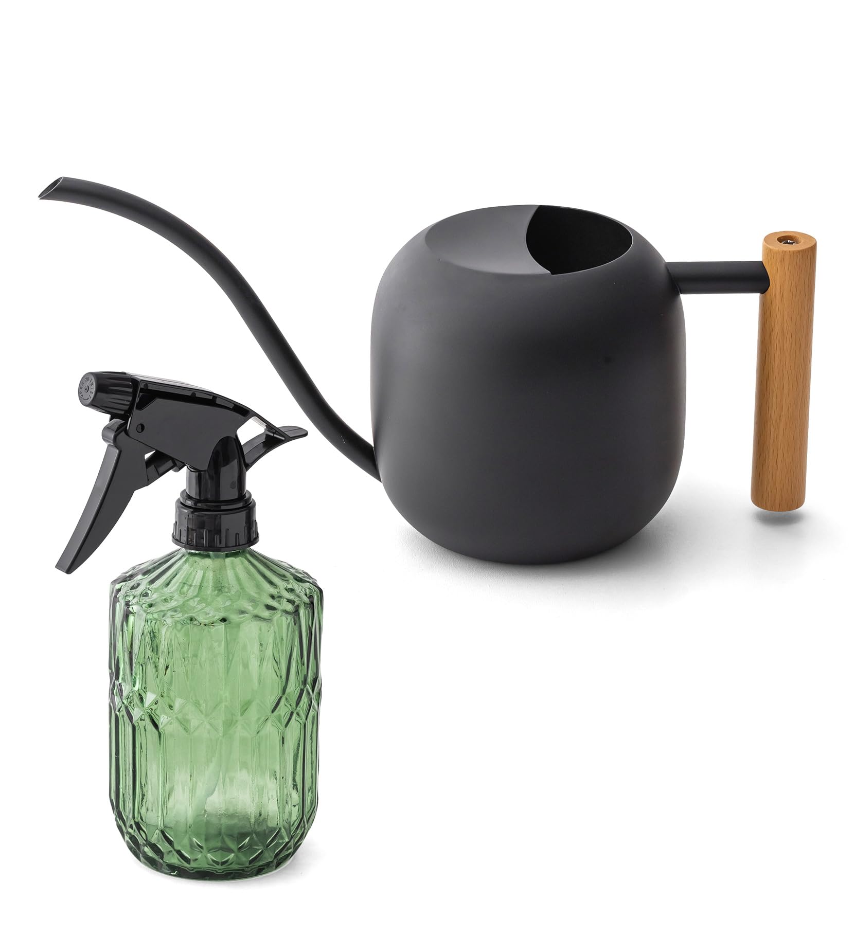 Baffect Ensemble d'arrosoir pour plantes d'intérieur comprenant un arrosoir en métal de 1,2 l à long bec et un flacon pulvérisateur en verre foncé de 382,7 g, un flacon pulvérisateur d'eau avec buse